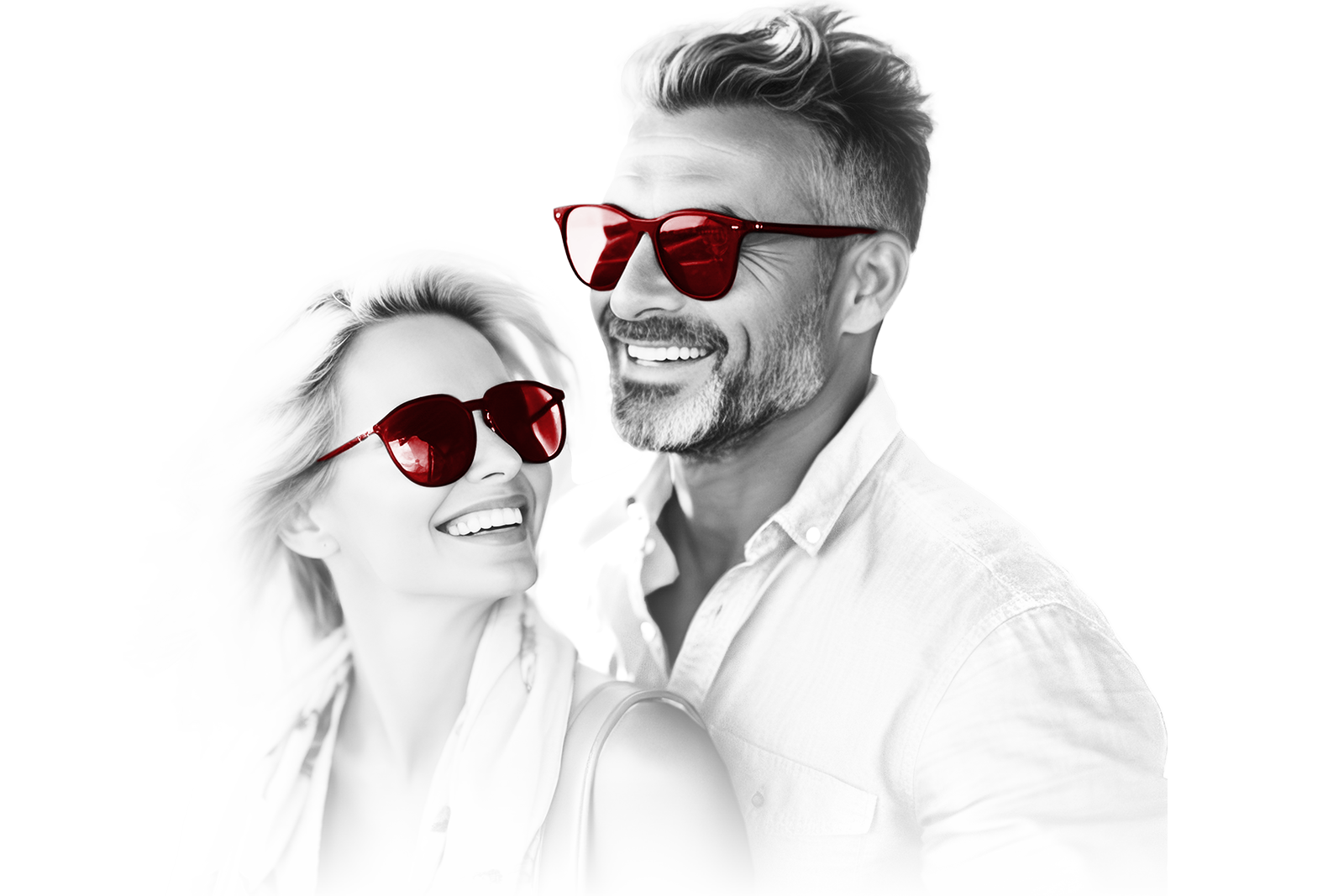 Male and Female smiling both wearing red sunglasses